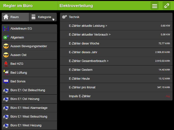 Loxone Steurung - Screenshot Stromzähler Verbrauchsstände